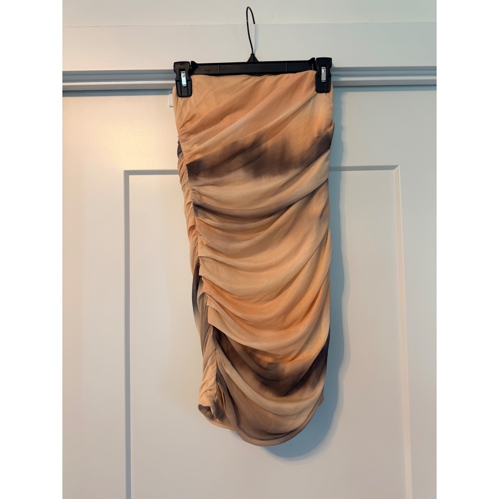 Zara Peach Grey Tie Dye Ruched Mesh Strapless Mini Dress XS Bodycon